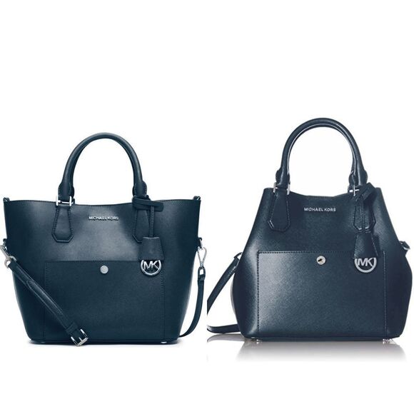 New! MICHAEL KORS Leather Greenwich Large Grab Bag Handbag Crossbody Navy Blue - Picture 2 of 16